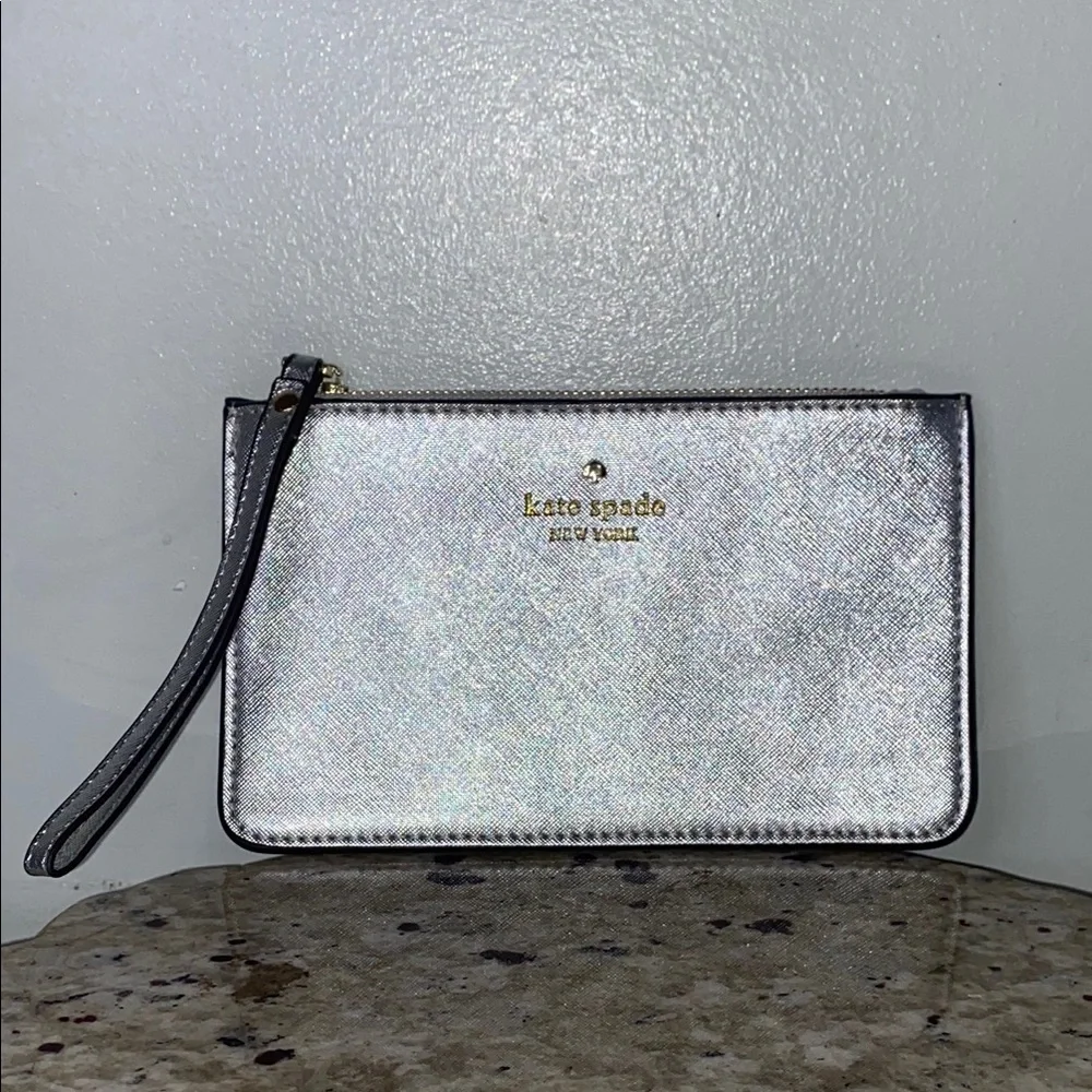 Kate Spade New York Metallic Silver 100% Cow Leather Beautiful Wrist Wallet